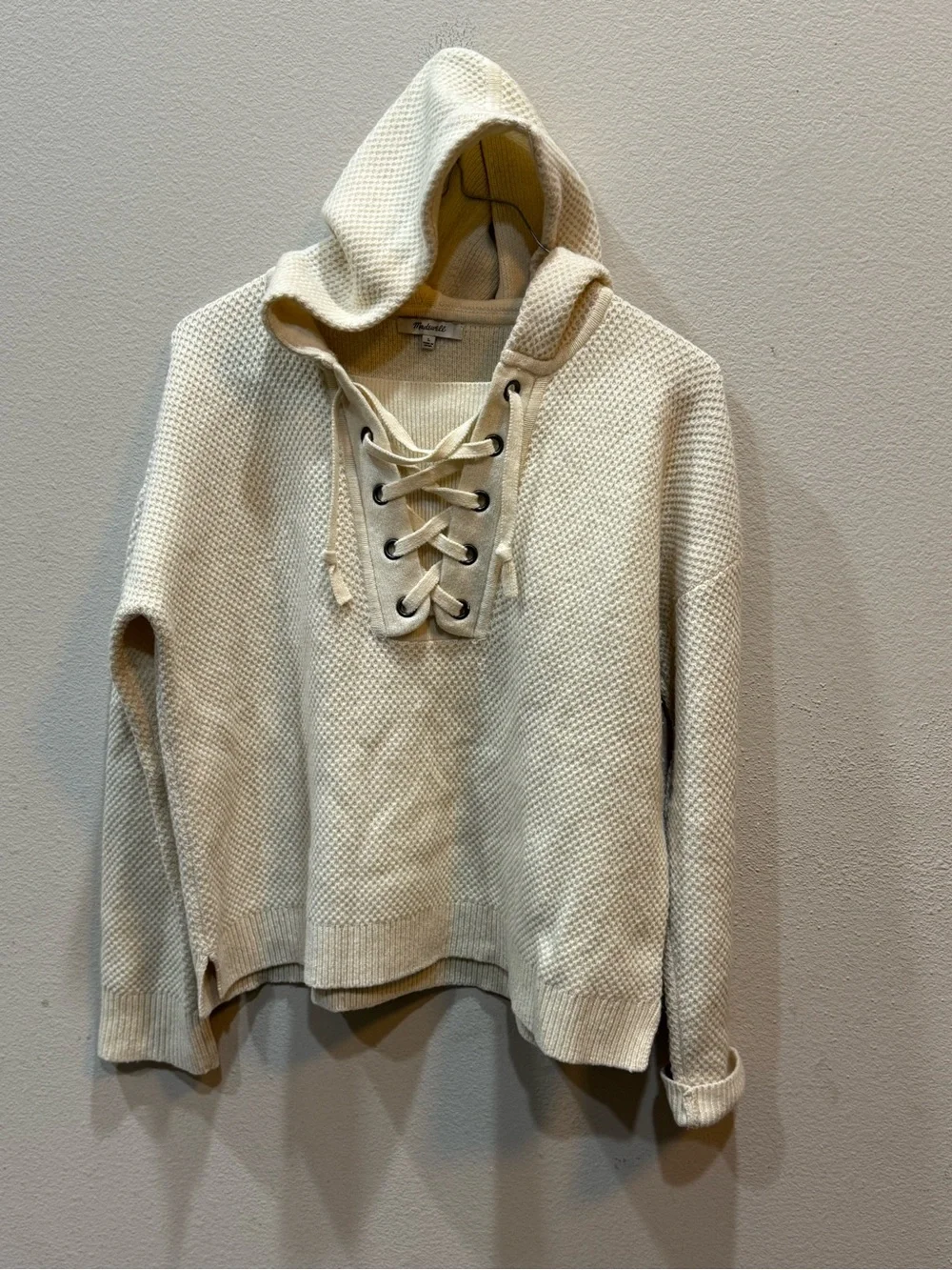 Madewell Jameson 100% Merino Wool Lace Up Waffle Knit Sweater Hoodie Cream - Picture 1 of 9